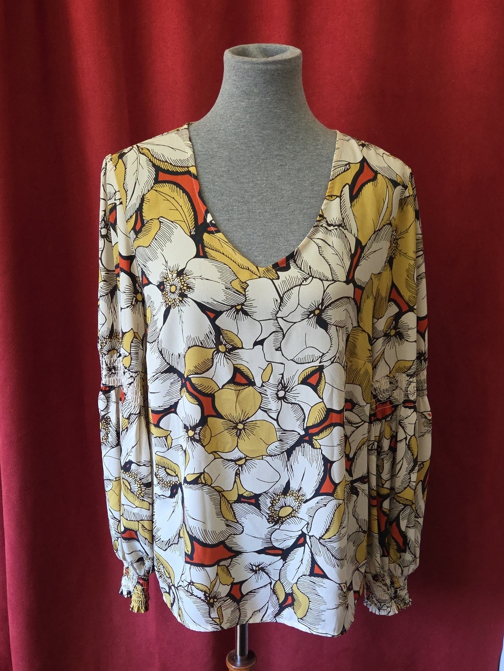 CAbi Floral V-Neck Long Sleeve Blouse in Cream, Yellow & Orange